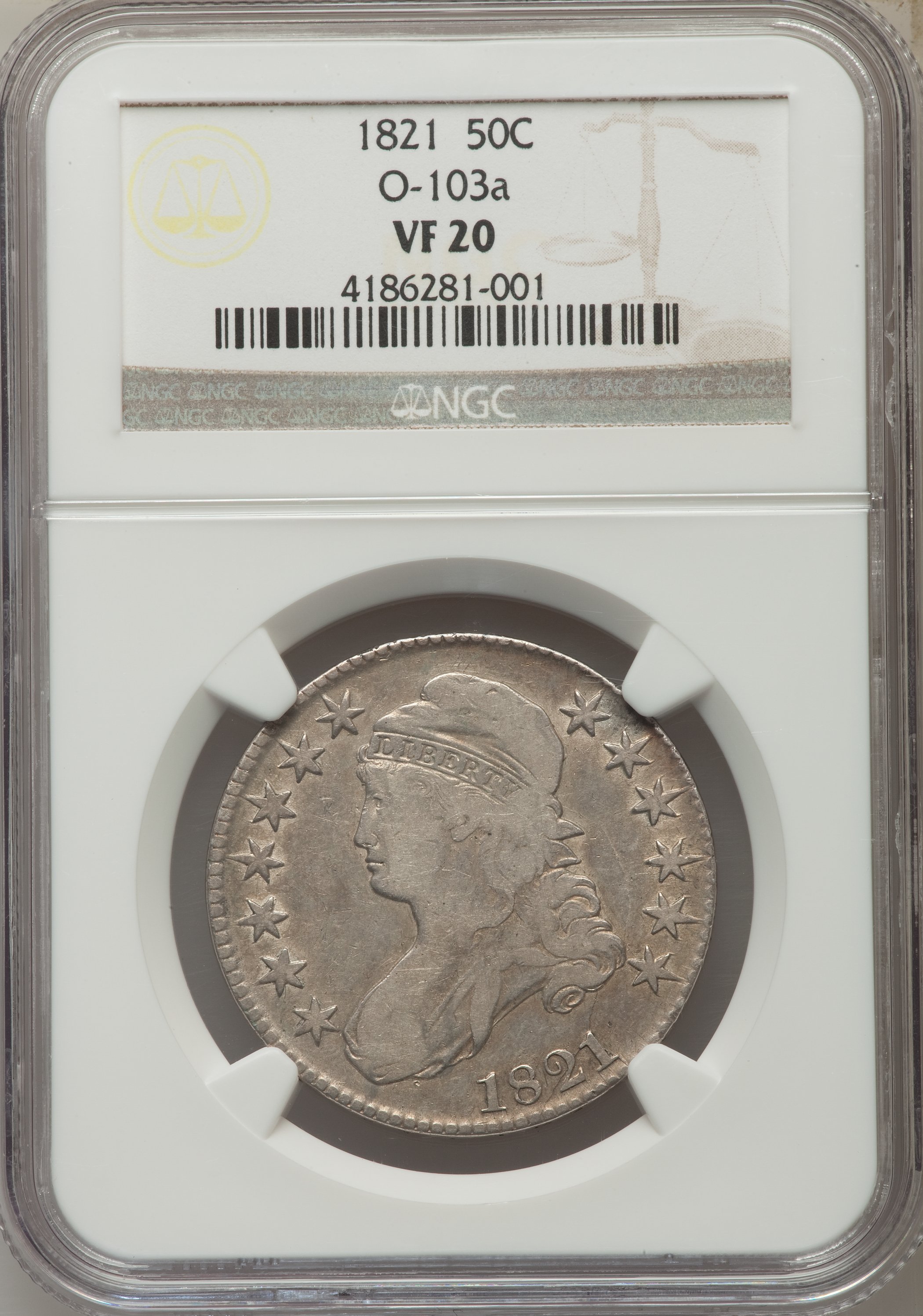 image for: 1821 50C O-103a, R.4, VF20 NGC. NGC Census: (1/5). PCGS Population (0/5). Mintage: 1,305,797. ...