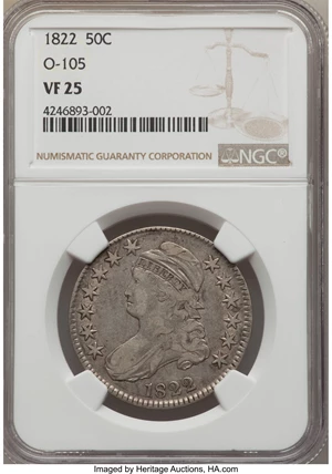 image for: 1822 50C O-105, R.3, VF25 NGC. NGC Census: (1/18). PCGS Population (1/13). Mintage: 1,559,573. ...