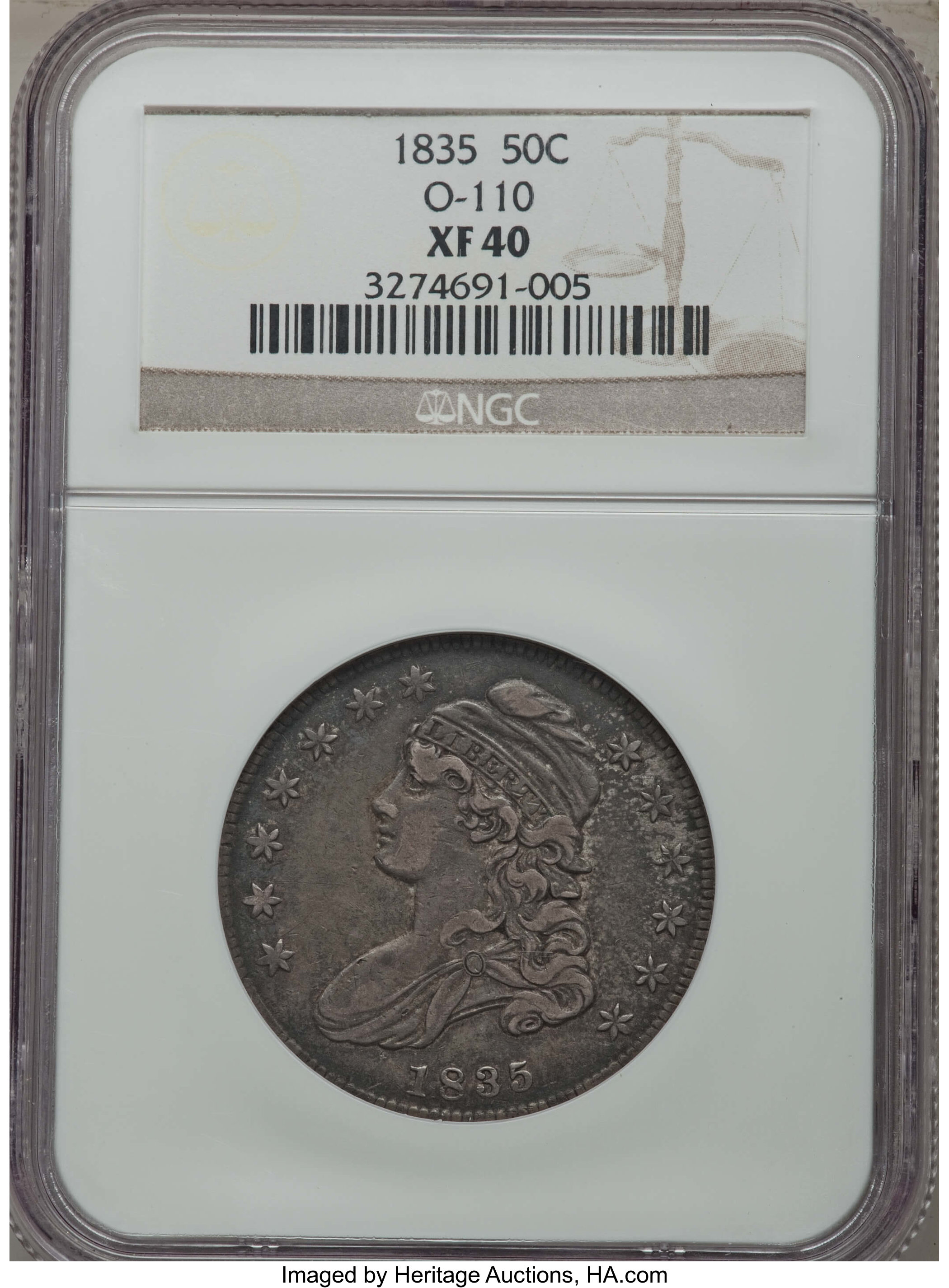 image for: 1835 50C O-110, XF40 NGC. NGC Census: (1/10). PCGS Population (4/5). Mintage: 5,352,006....