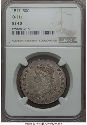 image for: 1817 50C O-111, R.1, XF40 NGC. NGC Census: (4/4). PCGS Population: (2/2). CDN: $130 Whsle. Bid for problem-free NGC/PCGS XF...