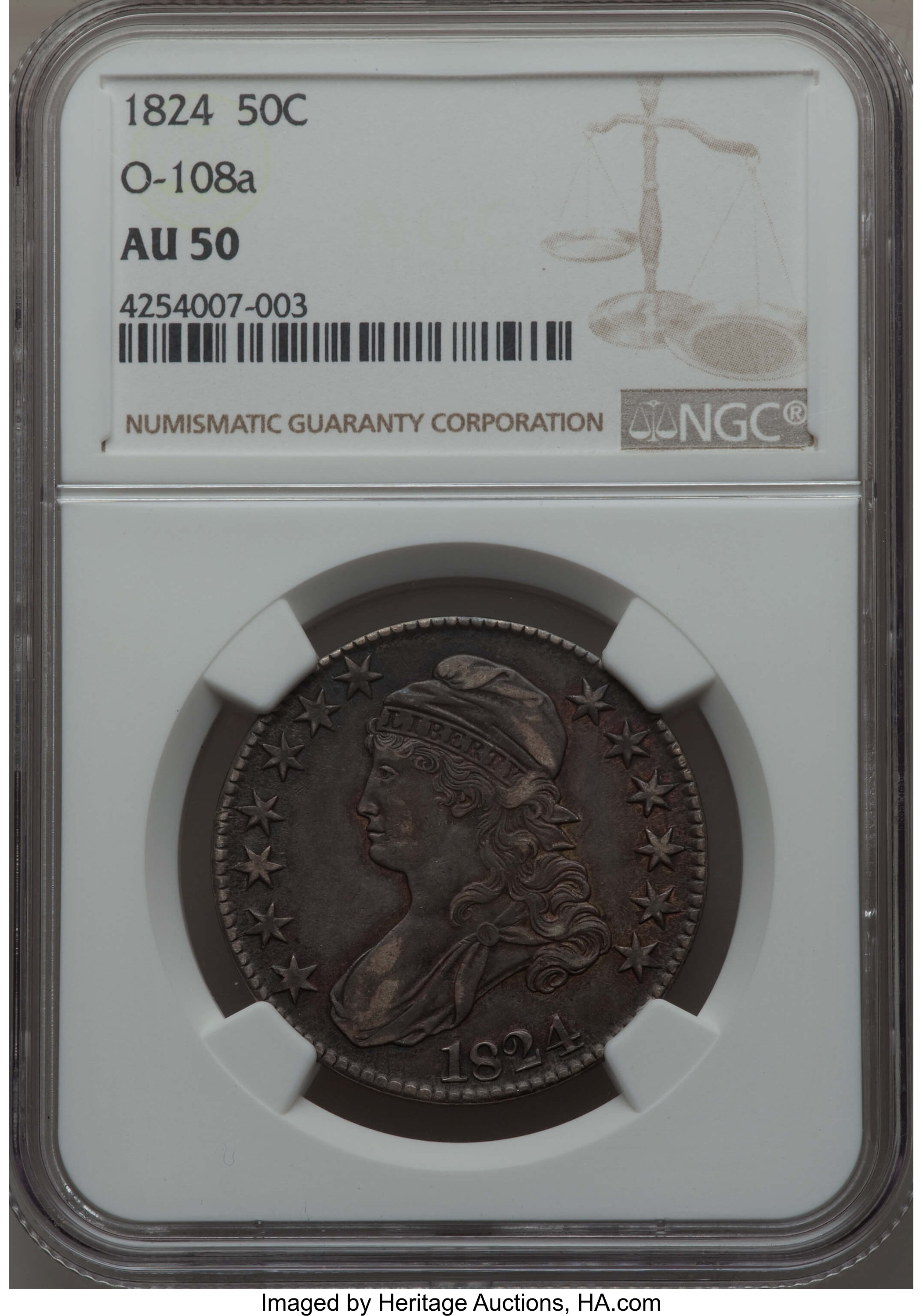 image for: 1824 50C O-108a, R.2, AU50 NGC. NGC Census: (2/7). PCGS Population: (0/7). CDN: $300 Whsle. Bid for problem-free NGC/PCGS A...