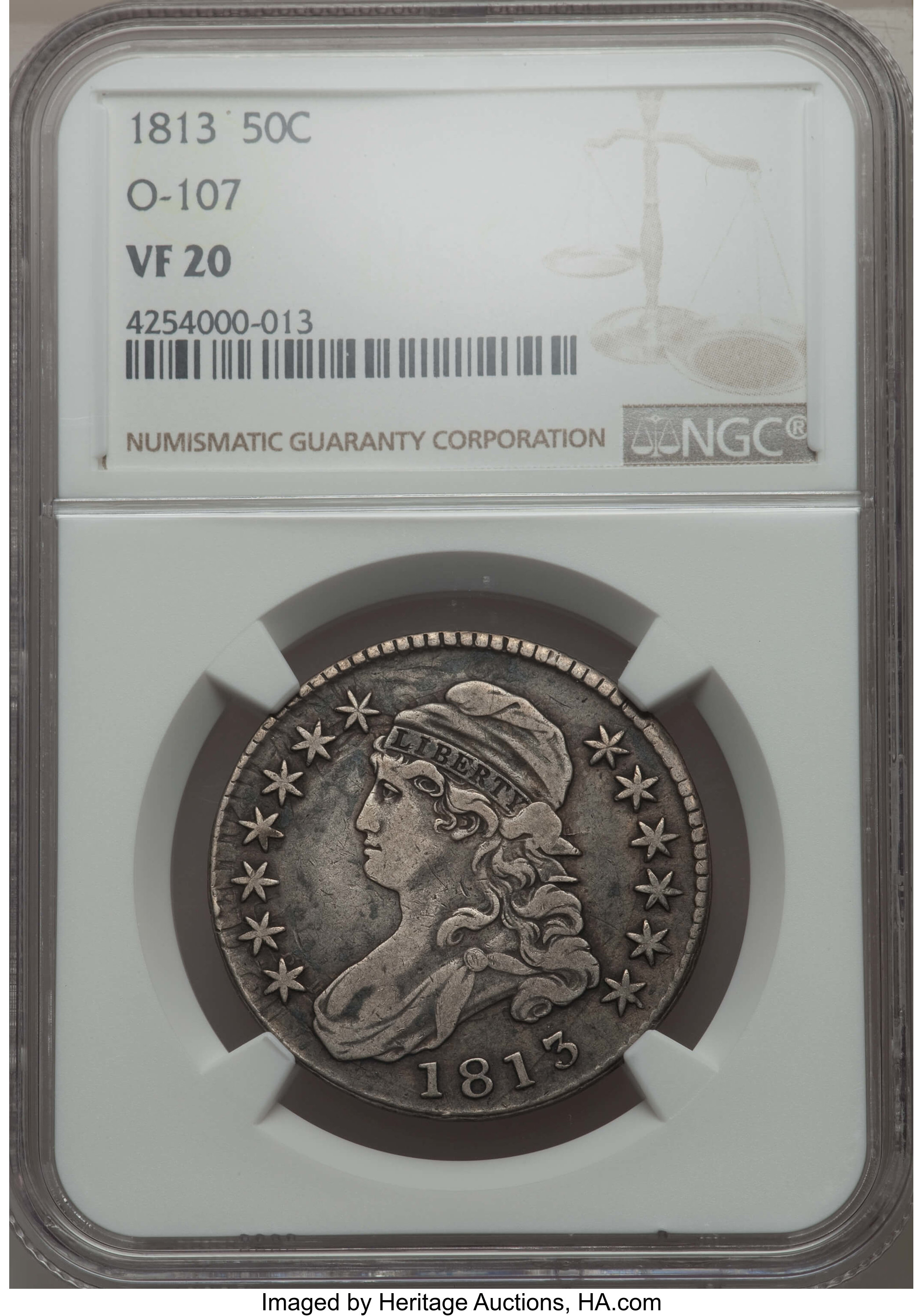 image for: 1813 50C O-107, R.4, VF20 NGC. NGC Census: (1/19). PCGS Population: (0/9). CDN: $75 Whsle. Bid for problem-free NGC/PCGS VF...