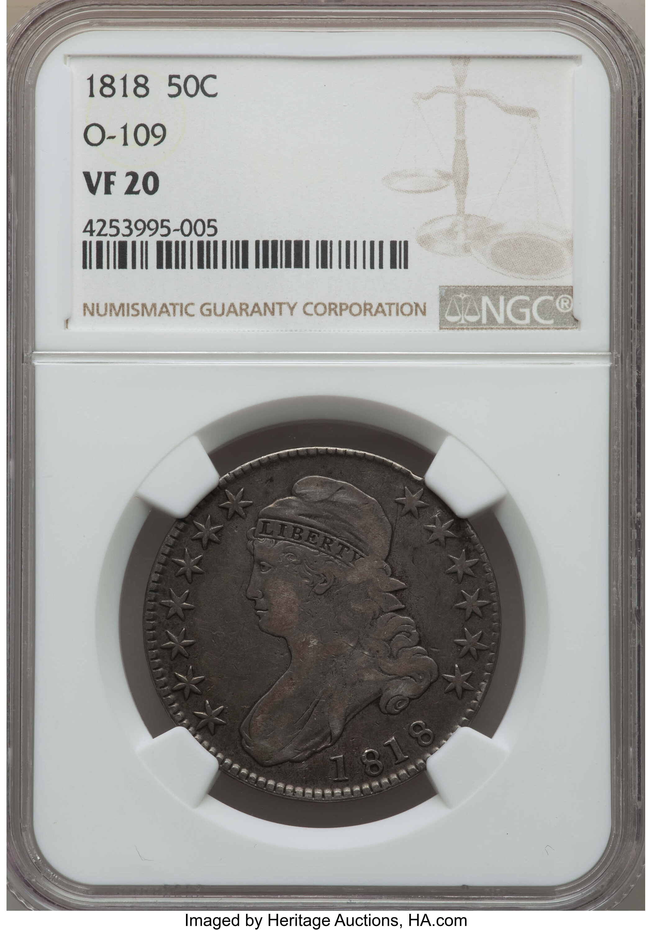 image for: 1818 50C O-109, R.1, VF20 NGC. NGC Census: (2/9). PCGS Population: (0/14). CDN: $75 Whsle. Bid for problem-free NGC/PCGS VF...