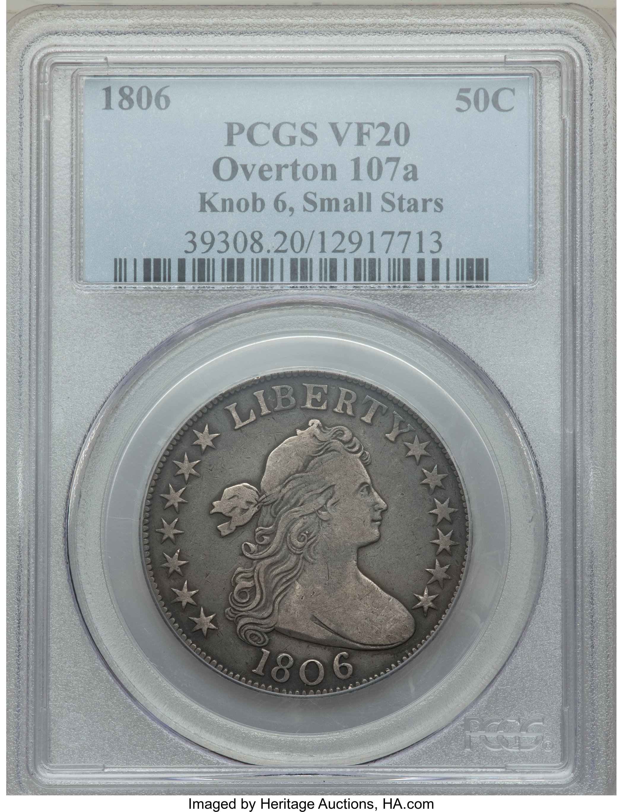 image for: 1806 50C Knob 6, Small Stars, O-107a, T-3, High R.4, VF20 PCGS. PCGS Population: (1/2). NGC Census: (1/11). VF20. ...