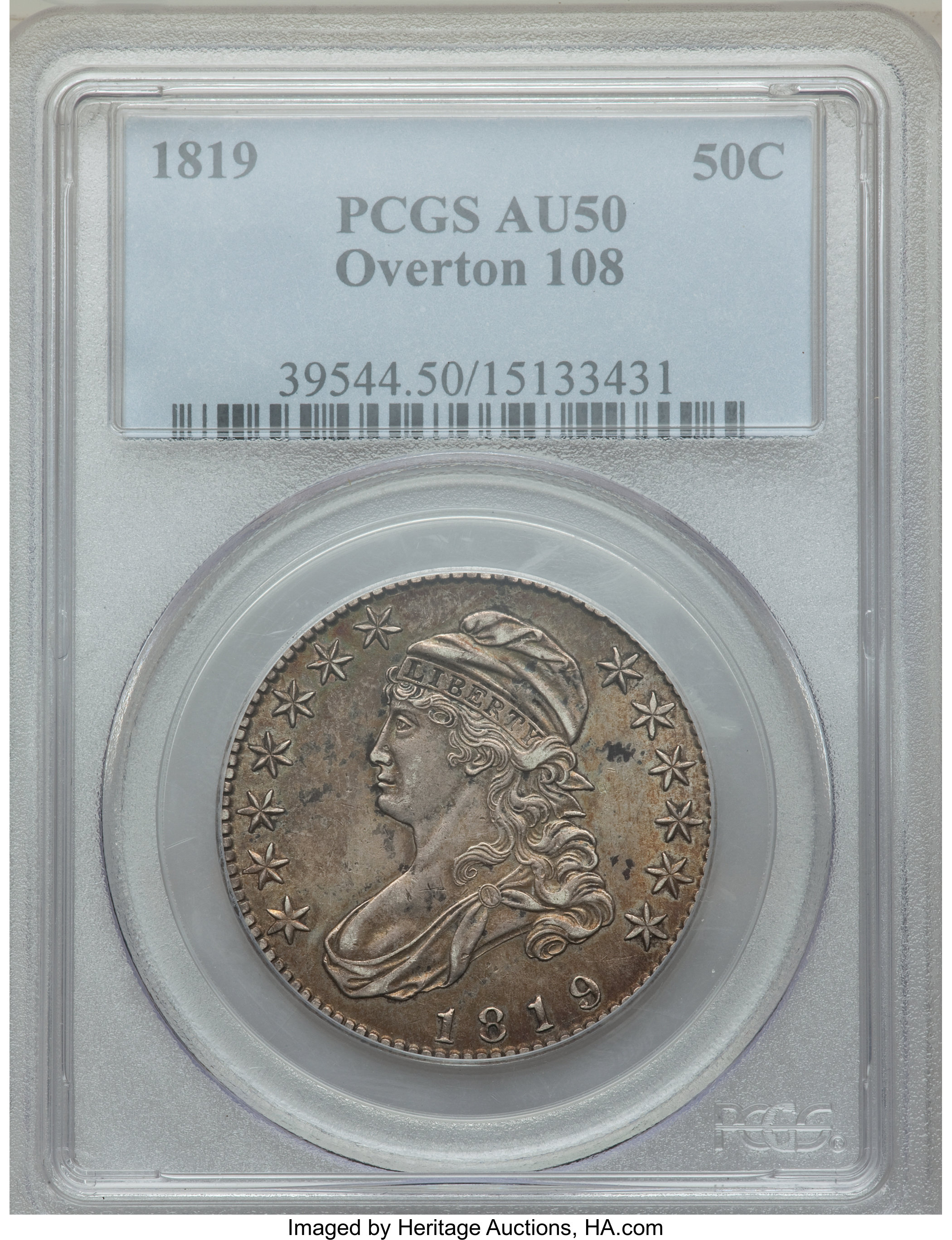 image for: 1819 50C O-108, R.3, AU50 PCGS. PCGS Population: (1/6). NGC Census: (1/8). AU50. Mintage 2,208,000. ...
