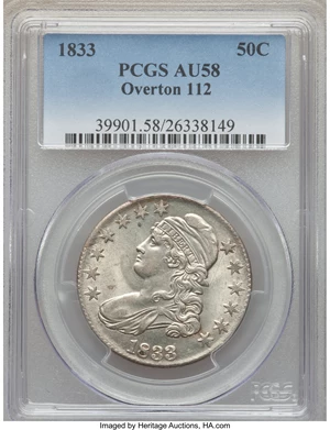 image for: 1833 50C O-112, R.2, AU58 PCGS. PCGS Population: (3/2). NGC Census: (6/6). AU58. Mintage 5,206,000. ...