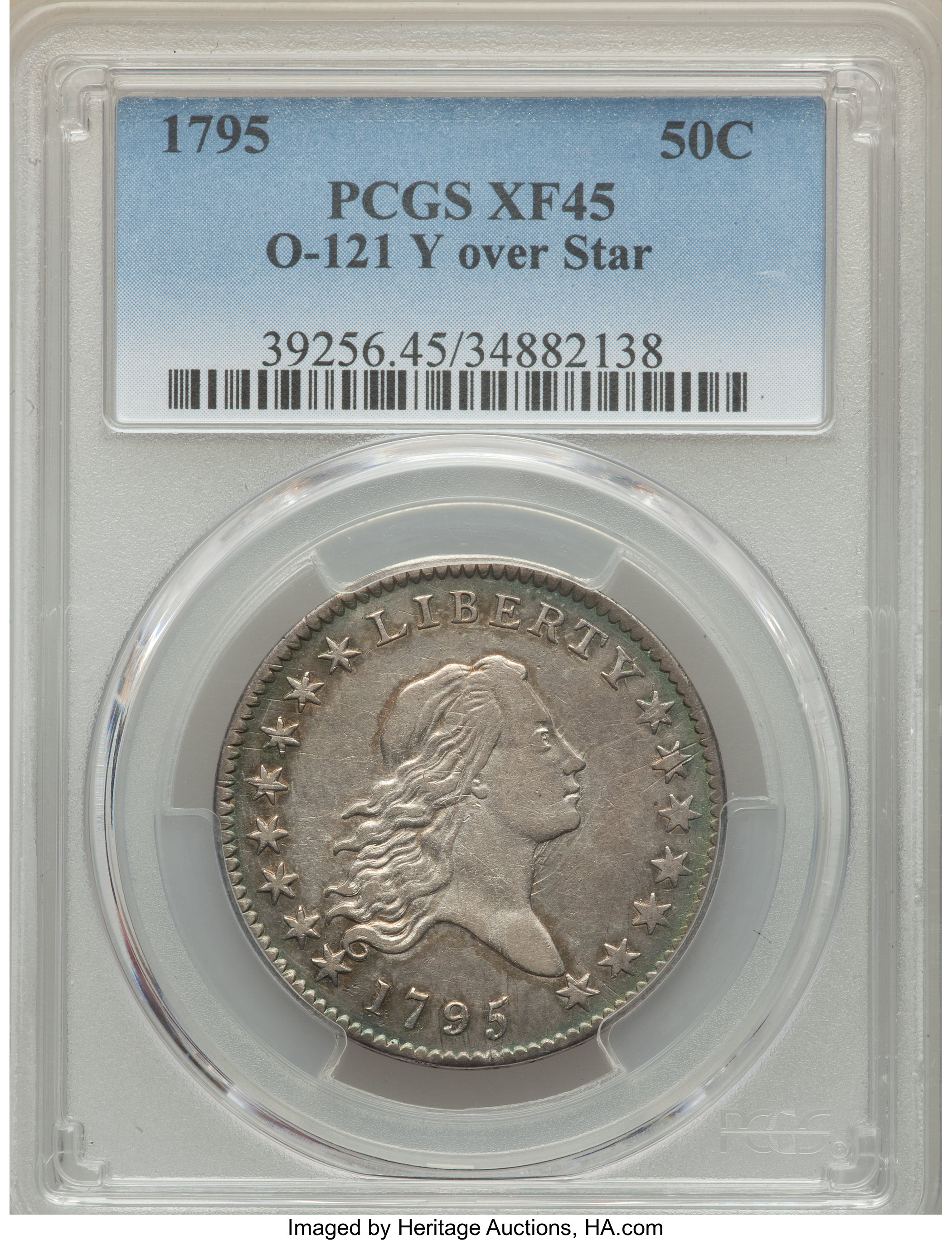 image for: 1795 50C 2 Leaves, Y Over Star, O-121, T-2, High R.4, XF45 PCGS....