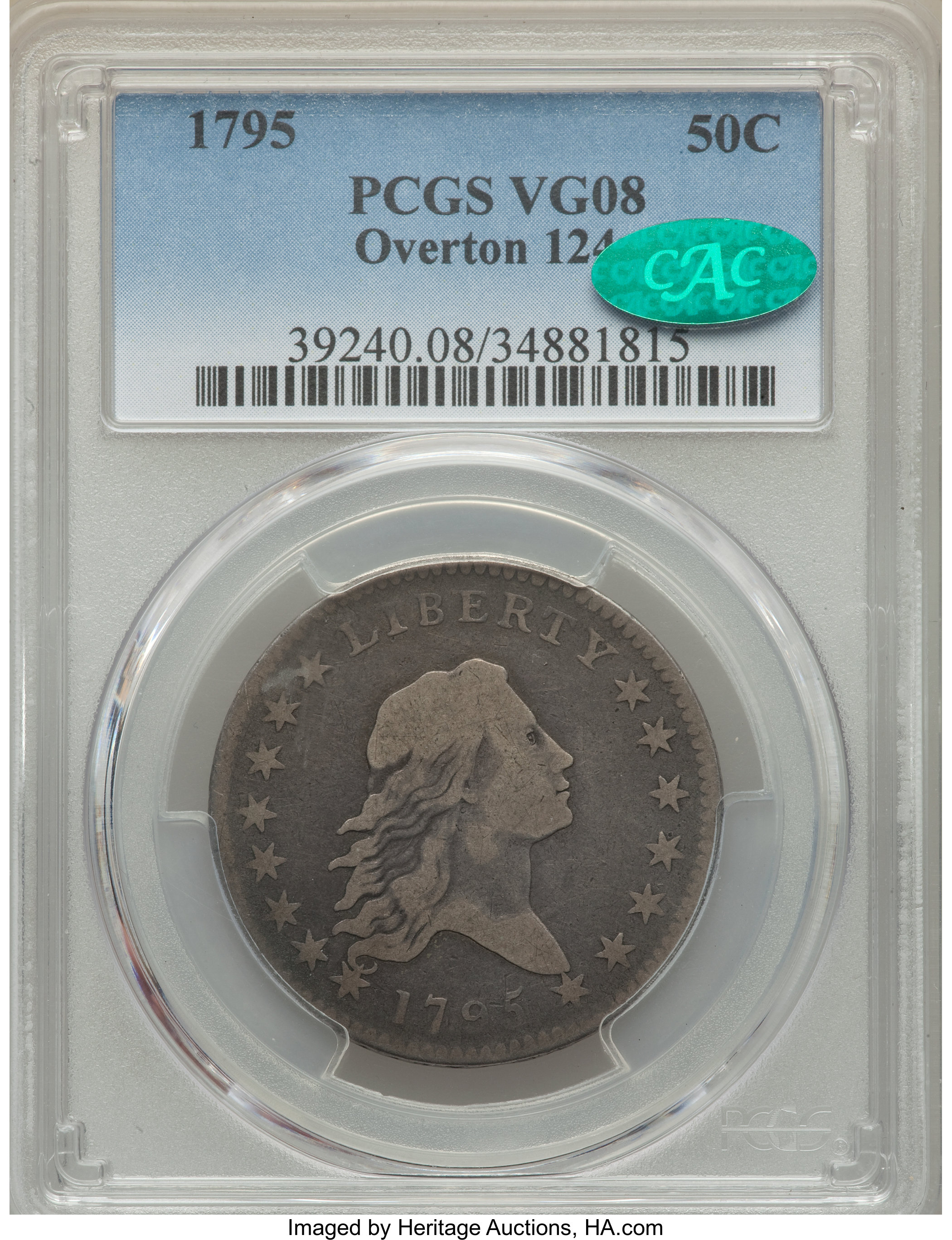 image for: 1795 50C 2 Leaves, O-124, T-12, R.5, VG8 PCGS. CAC....