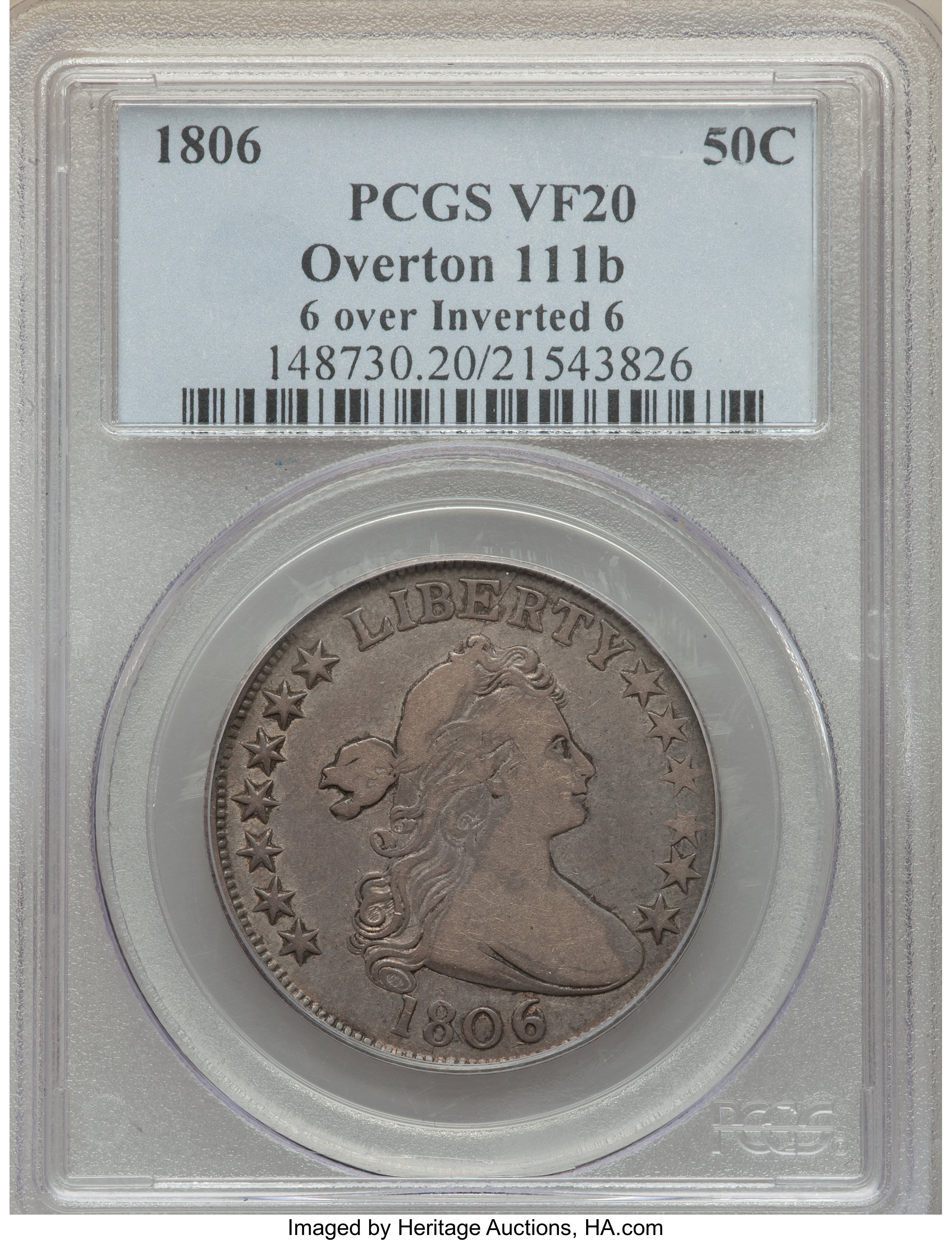image for: 1806 50C 6 Over Inverted 6, O-111'b', T-11, R.7, VF20 PCGS....