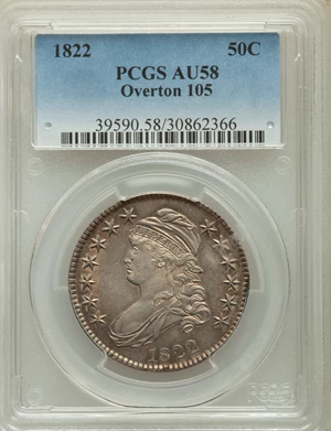 image for: 1822 50C O-105, R.3, AU58 PCGS. PCGS Population: (3/2). NGC Census: (0/2). AU58. Mintage 1,559,573. ...