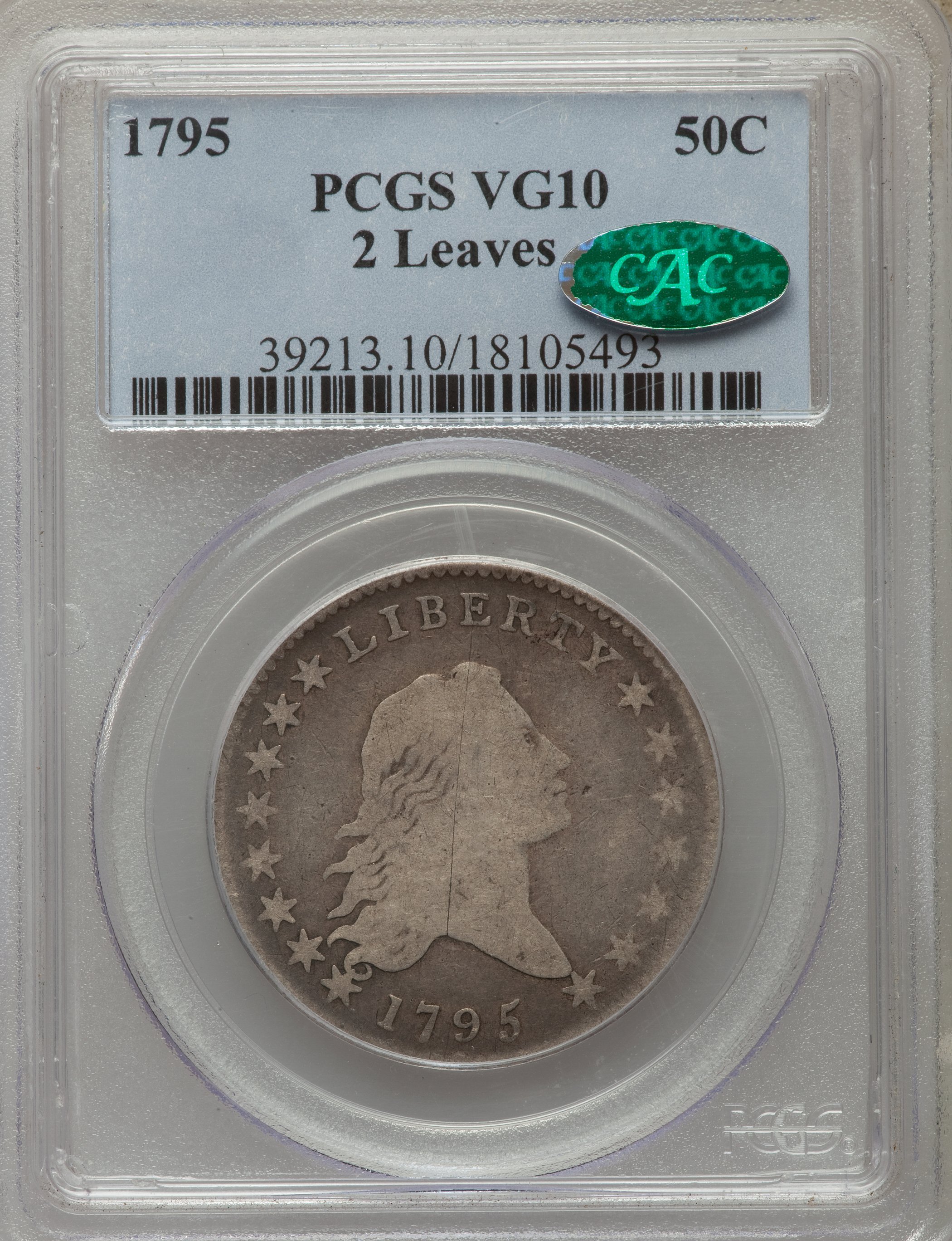 image for: 1795 50C 2 Leaves, O-122, T-5, R.5, VG10 PCGS. CAC....