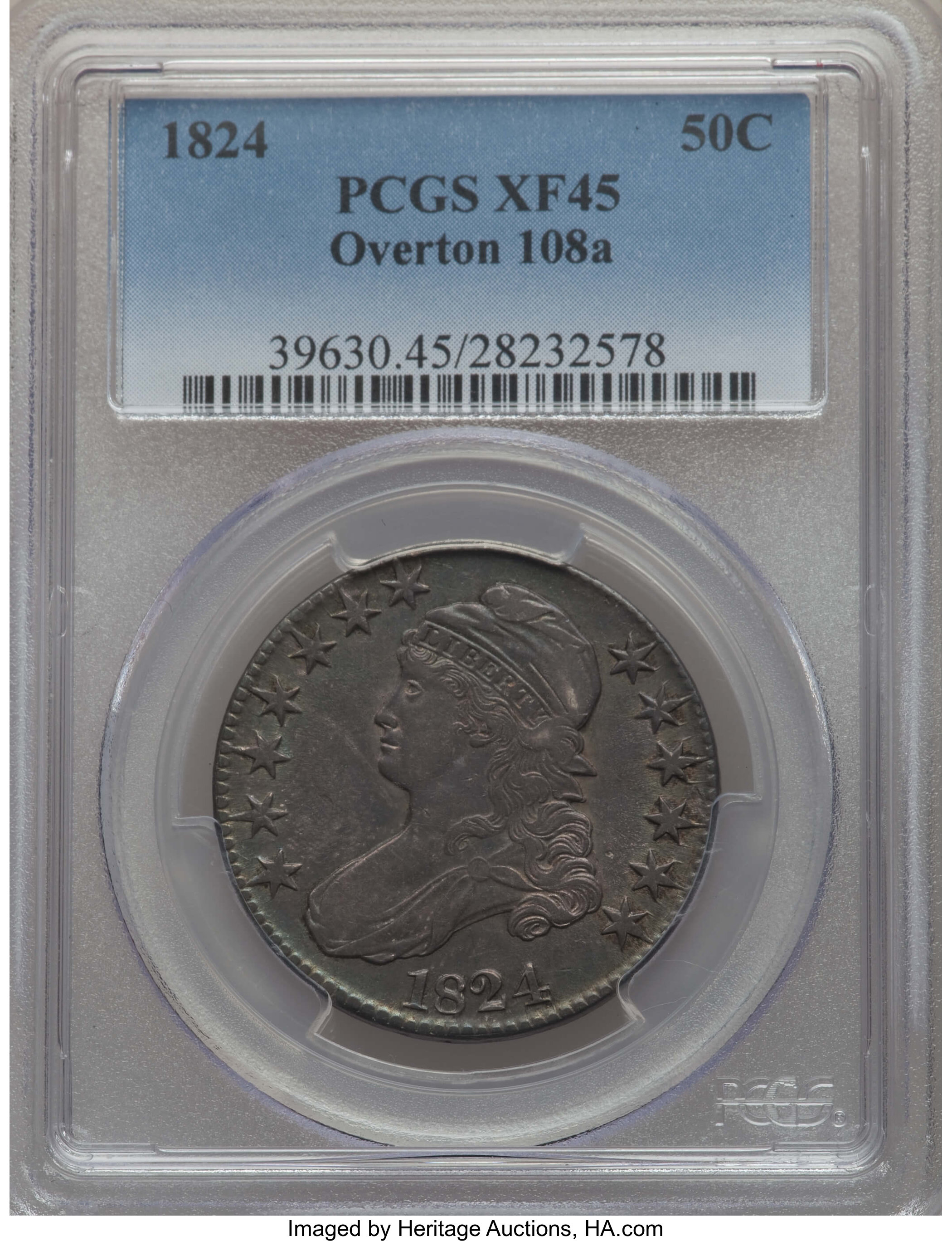 image for: 1824 50C O-108a, R.2, XF45 PCGS. PCGS Population: (1/8). NGC Census: (1/9). XF45. Mintage 3,504,954. ...