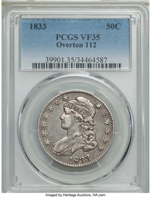 image for: 1833 50C O-112, R.2, VF35 PCGS. PCGS Population: (3/11). NGC Census: (1/25). Mintage 5,206,000. ...
