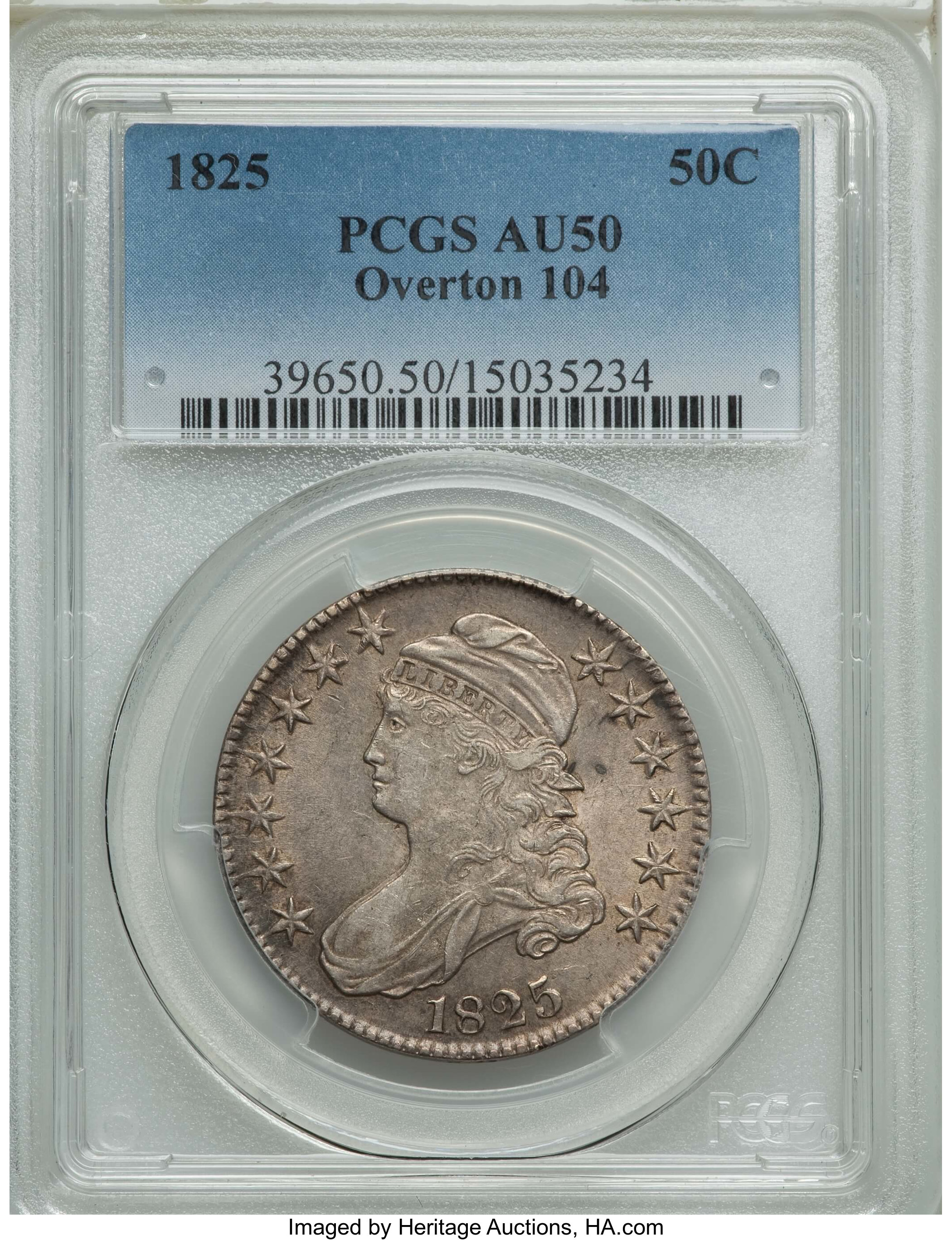 image for: 1825 50C O-104, High R.4, AU50 PCGS. PCGS Population: (2/8). NGC Census: (0/4). AU50. Mintage 2,900,000. ...