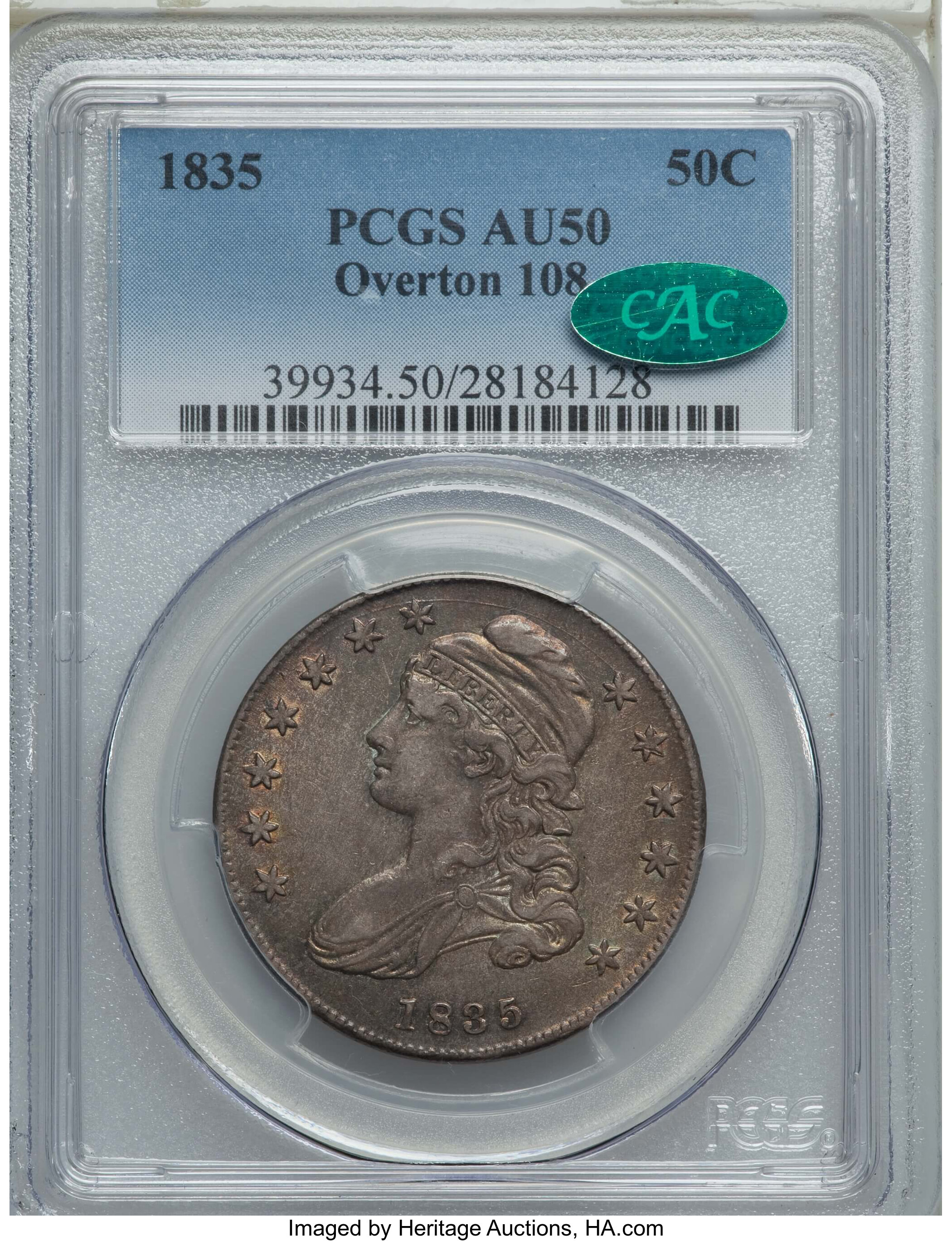 image for: 1835 50C O-108, R.3, AU50 PCGS. CAC. PCGS Population: (4/8). NGC Census: (2/17). AU50. Mintage 5,352,006. ...