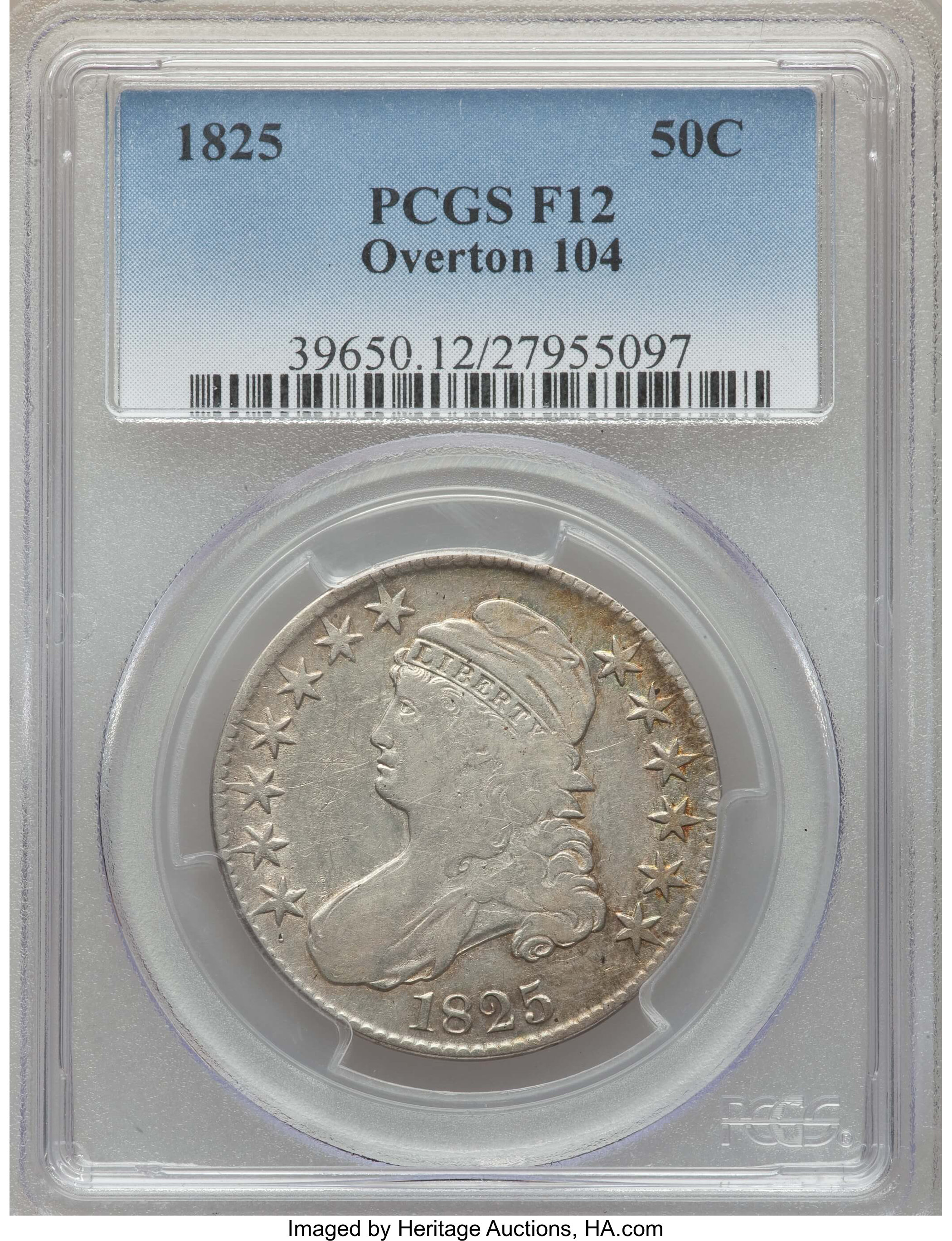 image for: 1825 50C O-104, High R.4, Fine 12 PCGS. PCGS Population: (1/14). NGC Census: (0/6). Fine 12. Mintage 2,900,000. ...