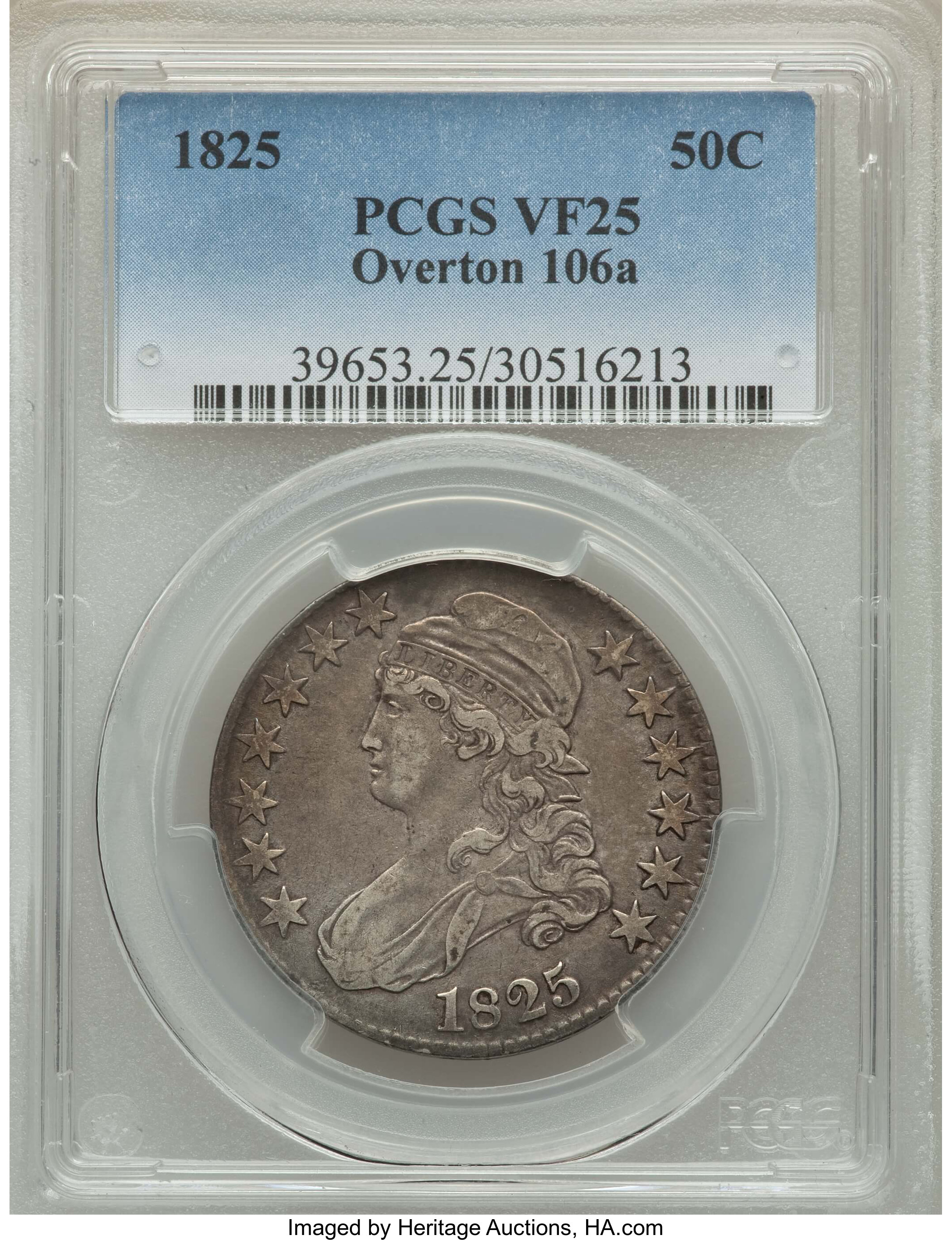 image for: 1825 50C O-106a, R.3, VF25 PCGS. PCGS Population: (1/8). NGC Census: (0/9).  Mintage 2,900,000. ...