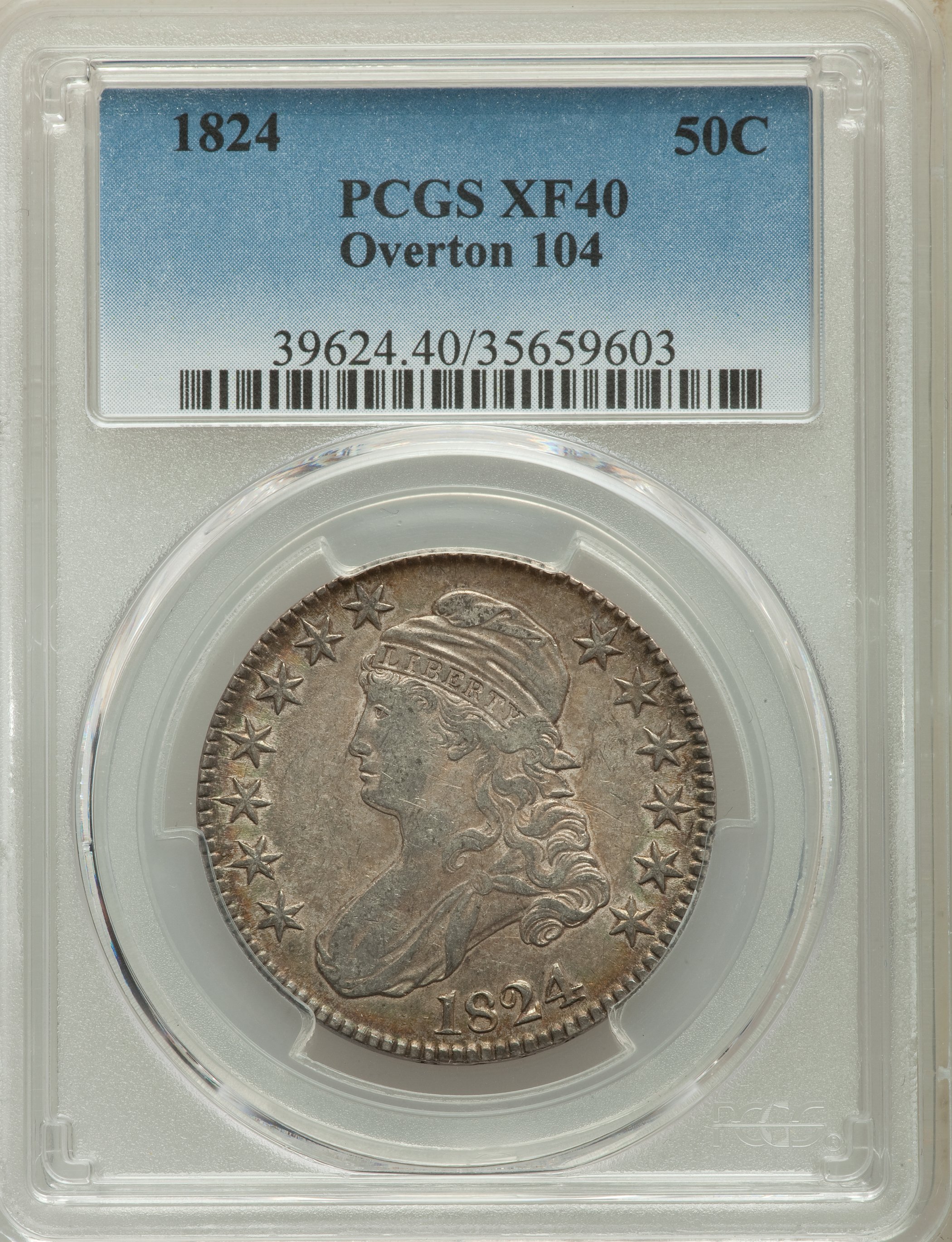image for: 1824 50C O-104, R.2, XF40 PCGS. PCGS Population: (5/10). NGC Census: (2/23). XF40. Mintage 3,504,954. ...