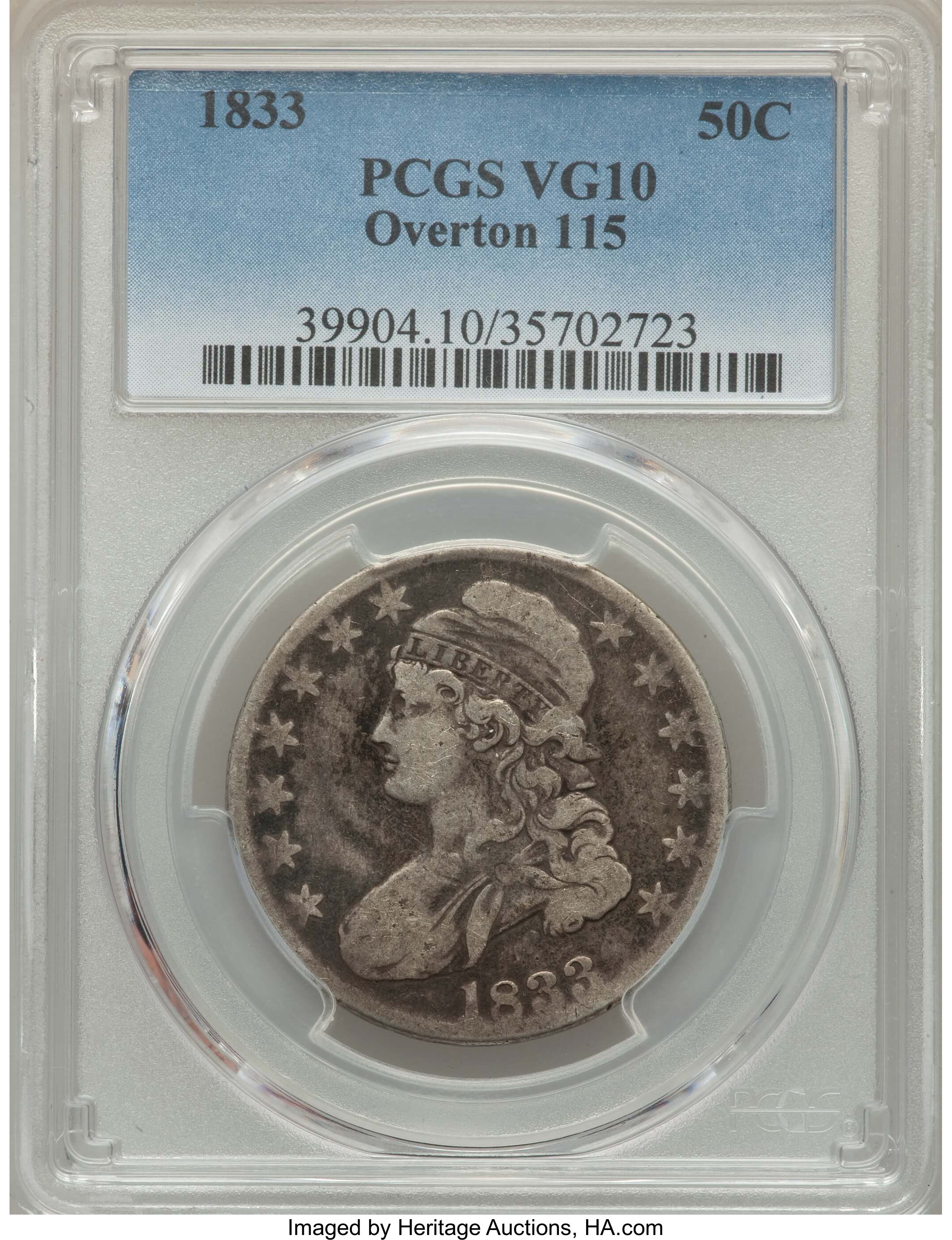 image for: 1833 50C O-115, High R.5, VG10 PCGS. PCGS Population: (1/13). NGC Census: (0/1).  Mintage 5,206,000. ...