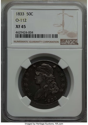 image for: 1833 50C O-112, R.2, XF45 NGC. NGC Census: (3/22). PCGS Population: (1/10). XF45. Mintage 5,206,000. ...