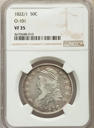 image for: 1822/1 50C O-101, R.1, VF35 NGC. NGC Census: (5/43). PCGS Population: (0/25). VF35. Mintage 1,559,573. ...