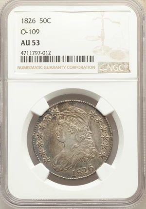 image for: 1826 50C O-109, R.1, AU53 NGC. NGC Census: (1/10). PCGS Population: (1/8). AU53. Mintage 4,000,000. ...