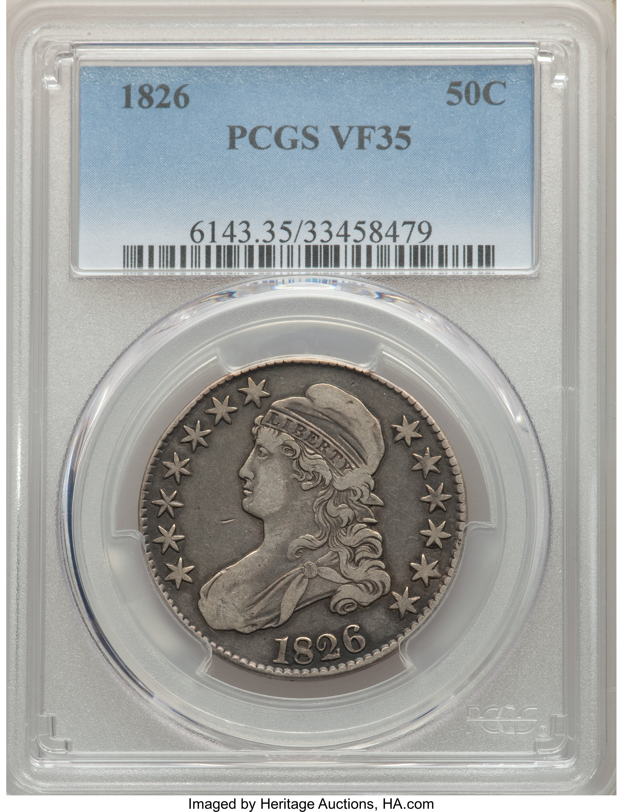 image for: 1826 50C O-106, R.3, VF35 PCGS. PCGS Population: (0/7). NGC Census: (1/6). VF35. Mintage 4,000,000. From The S. R. Collec...