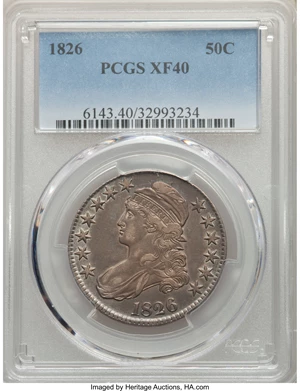 image for: 1826 50C O-108a, R.1, XF40 PCGS. PCGS Population: (2/12). NGC Census: (2/27). XF40. Mintage 4,000,000. From The S. R. Col...