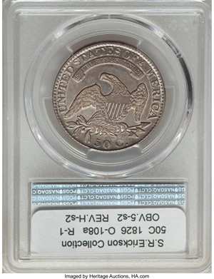 image for: 1826 50C O-108a, R.1, XF40 PCGS. PCGS Population: (2/12). NGC Census: (2/27). XF40. Mintage 4,000,000. From The S. R. Col...