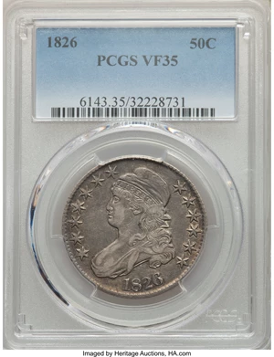 image for: 1826 50C O-112a, R.2, VF35 PCGS. PCGS Population: (0/11). NGC Census: (0/6). VF35. Mintage 4,000,000. From The S. R. Coll...