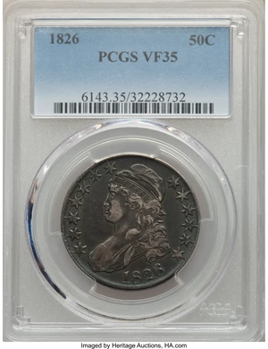 image for: 1826 50C O-114, High R.4, VF35 PCGS. PCGS Population: (2/12). NGC Census: (0/10). VF35. Mintage 4,000,000. From The S...