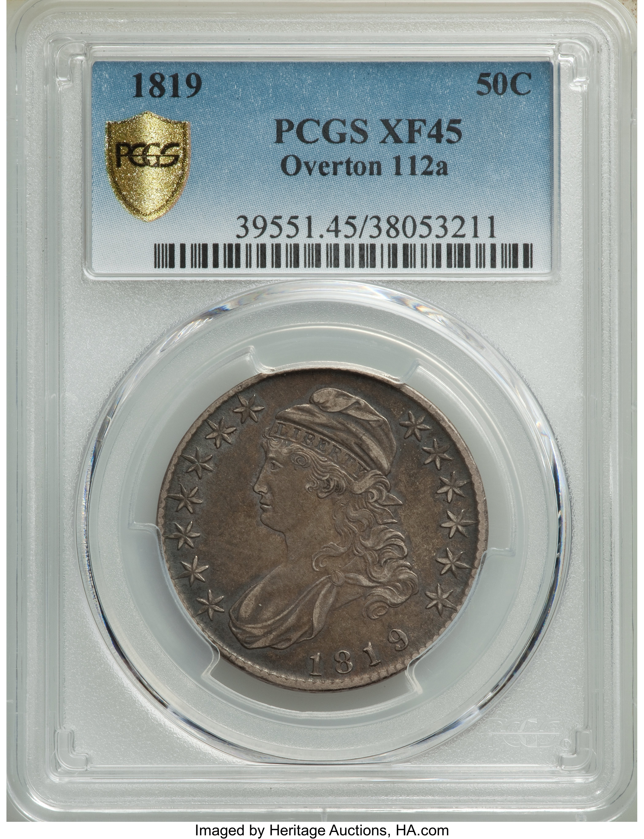 image for: 1819 50C O-112a, R.3, XF45 PCGS. PCGS Population: (1/2 and 0/1+). NGC Census: (0/2 and 0/0+). XF45. Mintage 2,208,000. ...