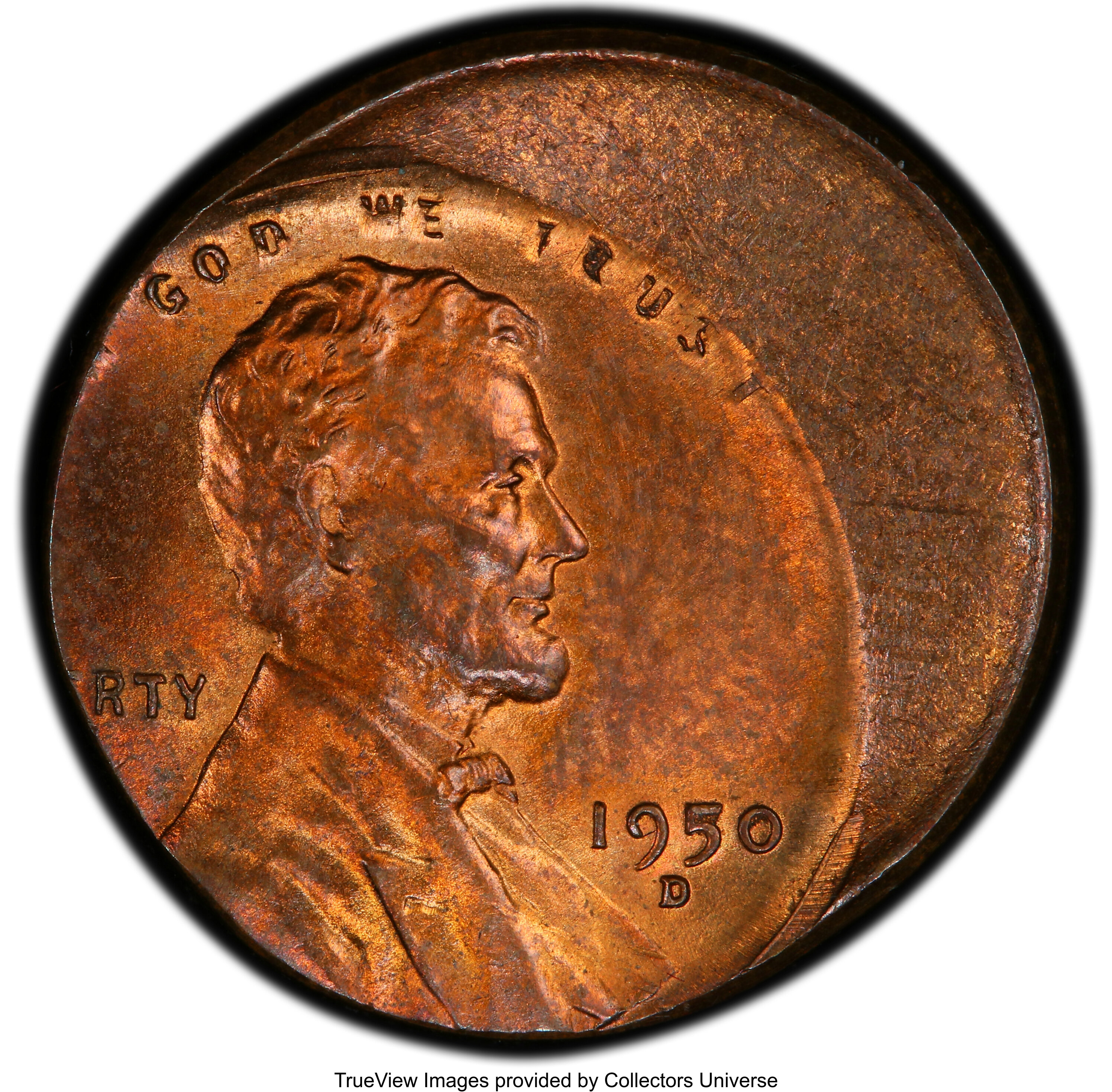 image for: 1950-D 1C Lincoln Cent -- Struck 25% Off Center -- MS62 Red and Brown PCGS.From the Fred Weinberg Collection....