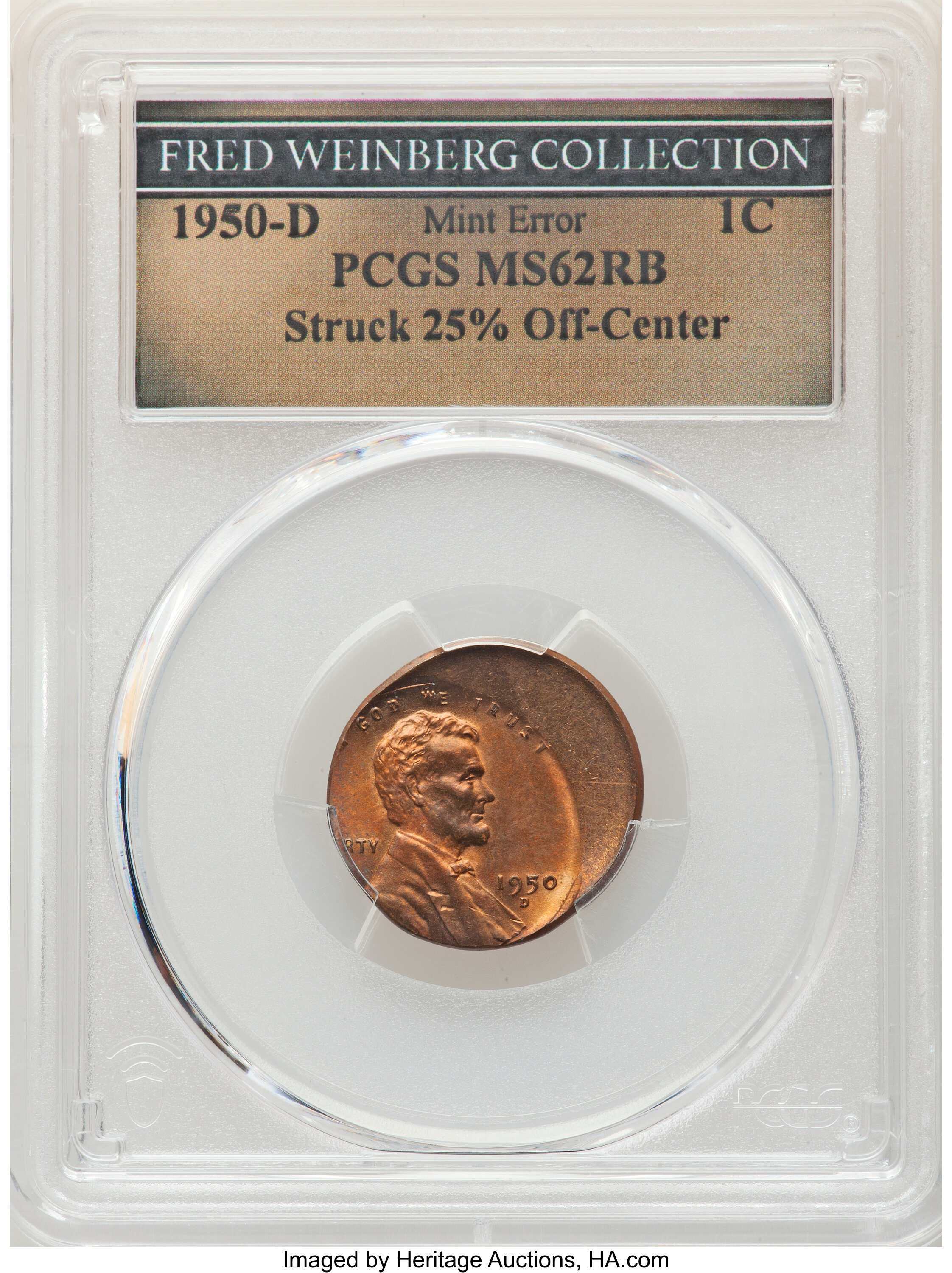 image for: 1950-D 1C Lincoln Cent -- Struck 25% Off Center -- MS62 Red and Brown PCGS.From the Fred Weinberg Collection....