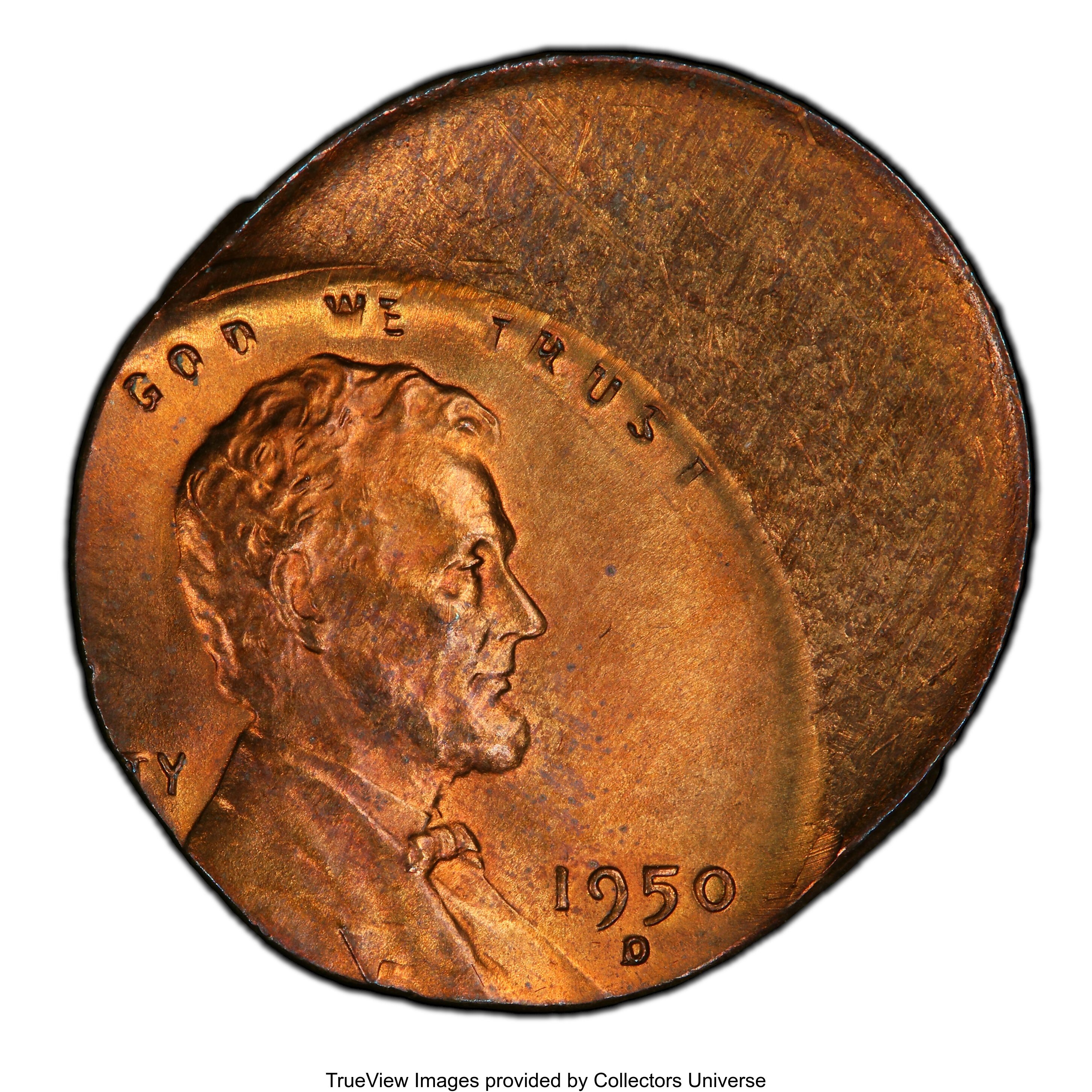image for: 1950-D 1C Lincoln Cent -- Struck 35% Off Center -- MS63 Red and Brown PCGS. From the Fred Weinberg Collection....