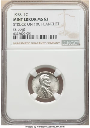 image for: 1958 1C Lincoln Cent -- Struck on 10C Planchet -- MS62 NGC. (2.55 grams)....