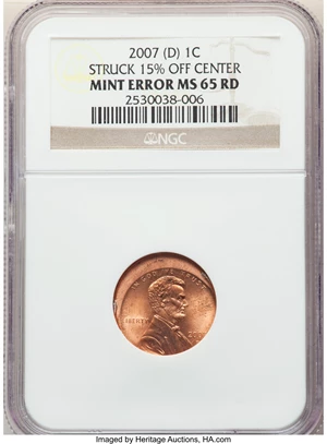 image for: 2007-(D) 1C Lincoln Cent -- Struck 15% Off Center -- MS65 Red NGC....