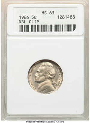 image for: 1966 5C Jefferson Nickel -- Double Clip -- MS63 ANACS....