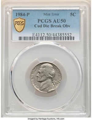 image for: 1984-P 5C Jefferson Nickel -- Cud Due Break Obverse -- AU50 PCGS....