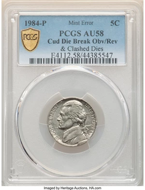 image for: 1984-P 5C Jefferson Nickel -- Cud Die Break Obverse and Reverse, Clashed Dies -- AU58 PCGS....