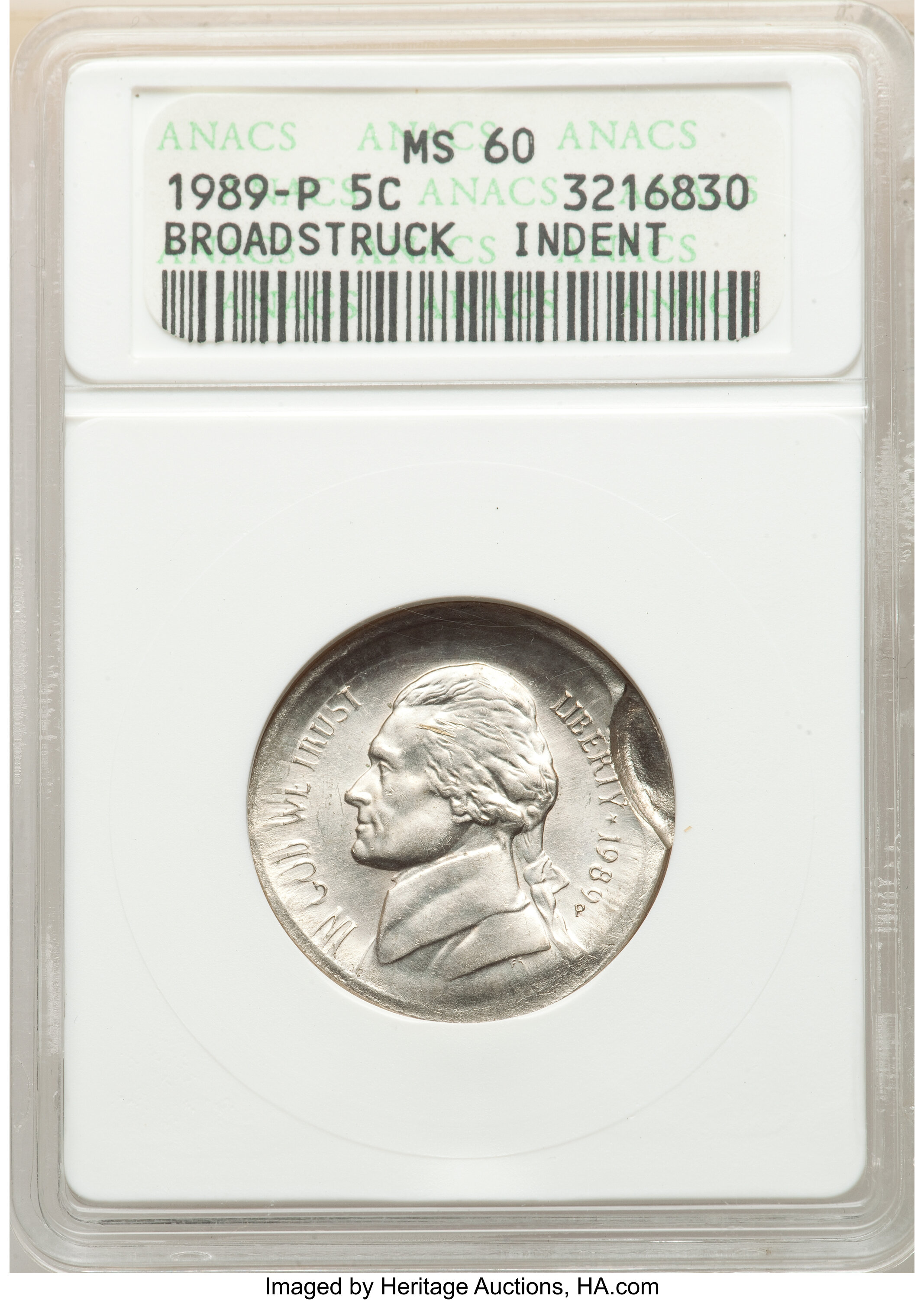 image for: 1989-P 5C Jefferson Nickel -- Broadstruck, Indent -- MS60 ANACS....