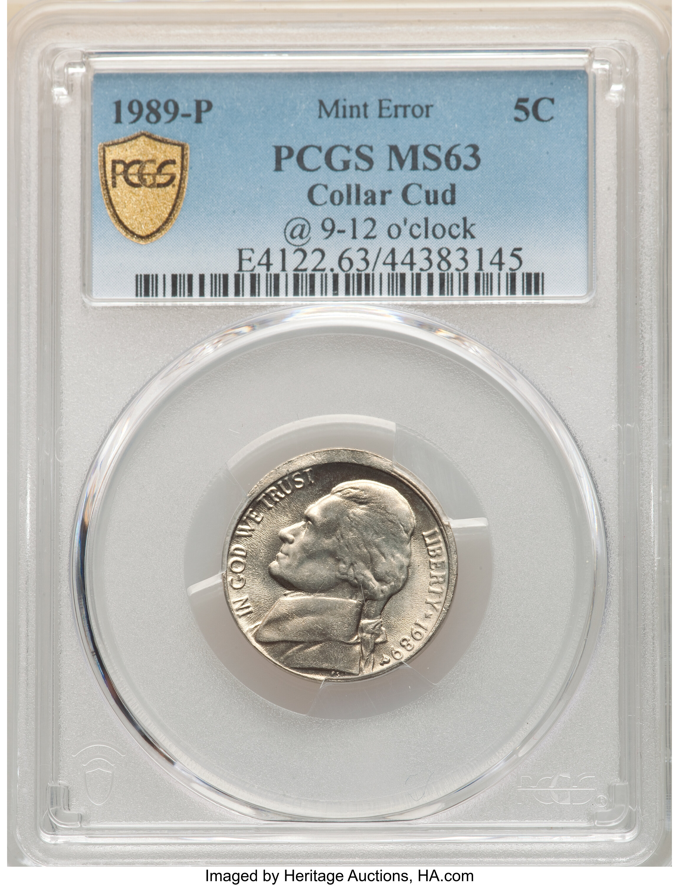 image for: 1989-P 5C Jefferson Nickel -- Collar Cud @9:00 - 12:00 -- MS63 PCGS....
