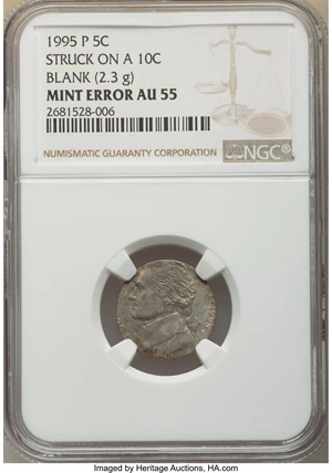 image for: 1995-P 5C Jefferson Nickel -- Struck On a 10C Blank -- AU55 NGC. (2.3 grams)...