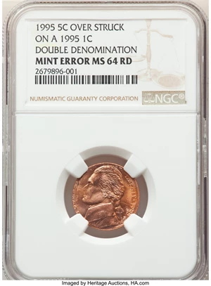 image for: 1995-P 5C Jefferson Nickel -- Overstruck On a 1995 1C, Double Denomination -- MS64 Red NGC....