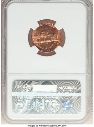 image for: 1995-P 5C Jefferson Nickel -- Overstruck On a 1995 1C, Double Denomination -- MS64 Red NGC....