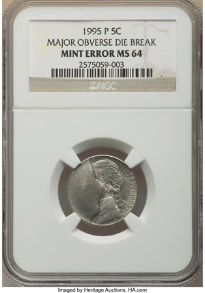 image for: 1995-P 5C Jefferson Nickel -- Major Obverse Die Break -- MS64 NGC....