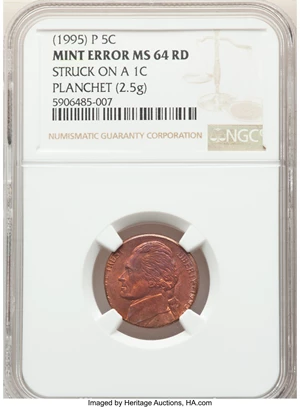 image for: 1995-P 5C Jefferson Nickel -- Struck On a 1C Planchet -- MS64 Red NGC. (2.5 grams)....