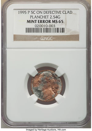 image for: 1995-P 5C Jefferson Nickel -- Struck On Defective Clad Planchet -- MS65 NGC. (2.54 grams)....