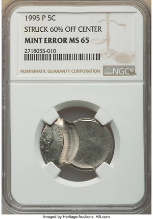 image for: 1995-P 5C Jefferson Nickel -- Struck 60% Off Center -- MS65 NGC....