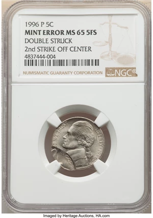 image for: 1996-P 5C Jefferson Nickel -- Double Struck, Second Strike Off Center -- MS65 Full Steps NGC....